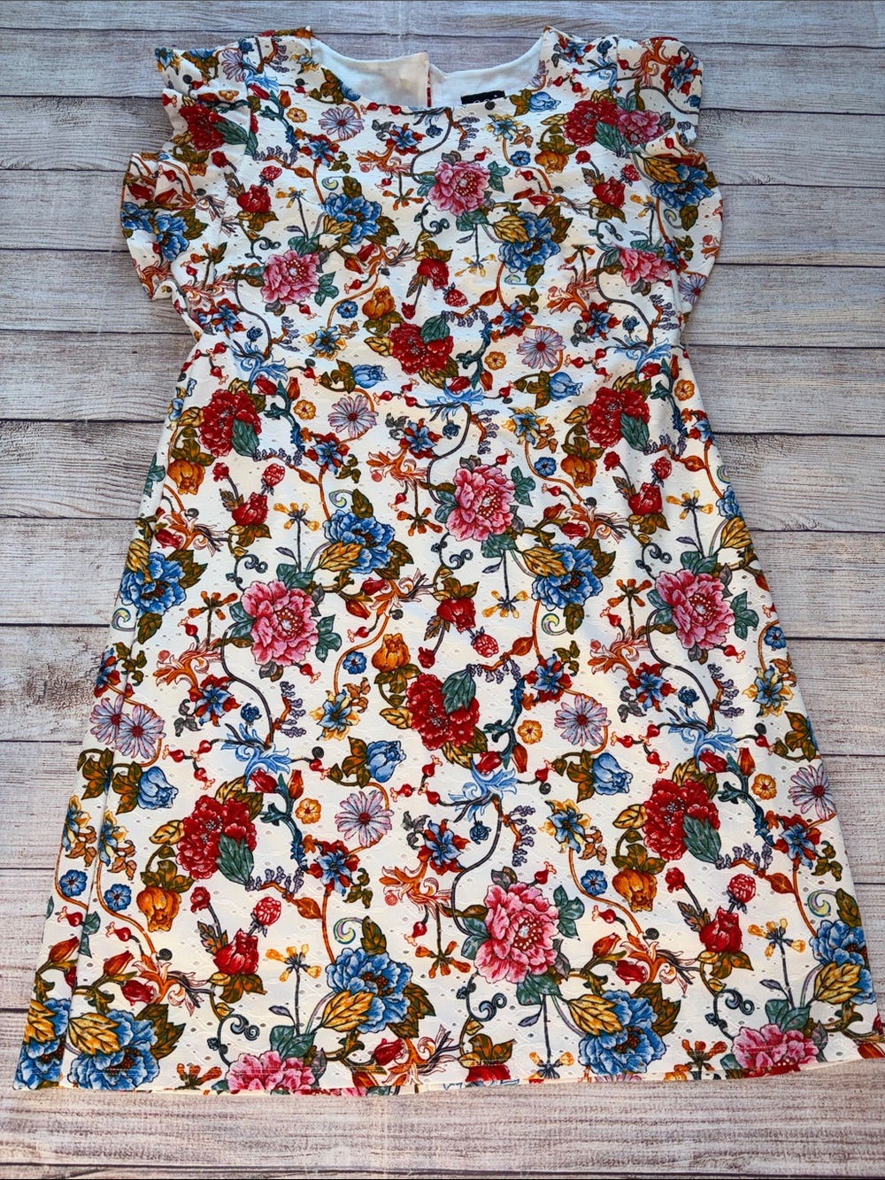 Eci White Floral A-Line Dress Multicolor Bloom Midi Size 10